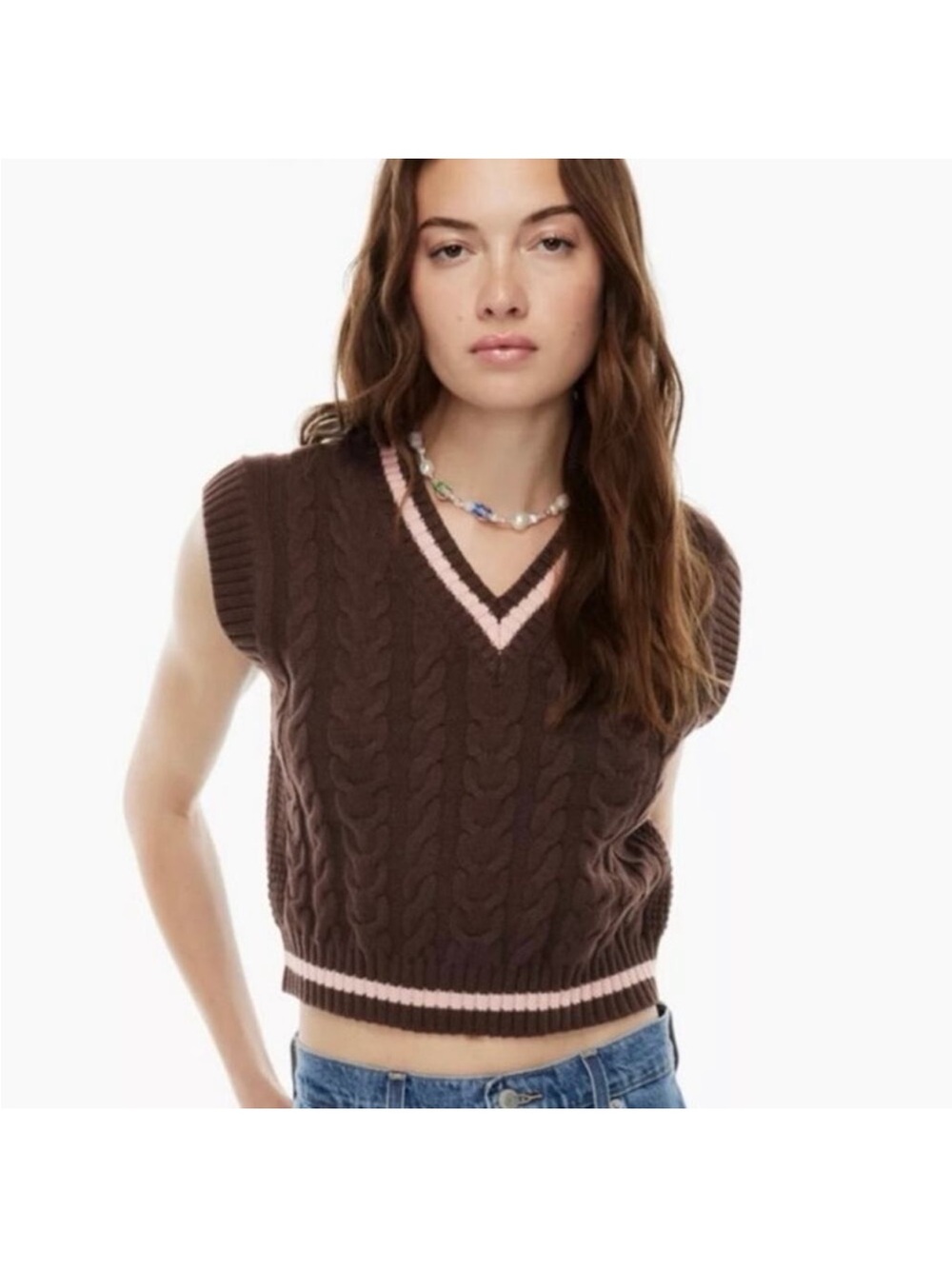 Aritzia Sunday’s Best Winston Merino Wool V Neck Sweater Vest Cognac/White Sz M